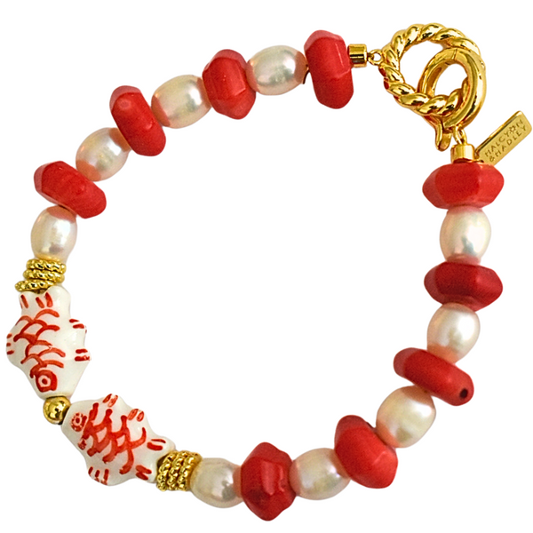 Red Fish Bracelet With Coral and Freshwater Pearls