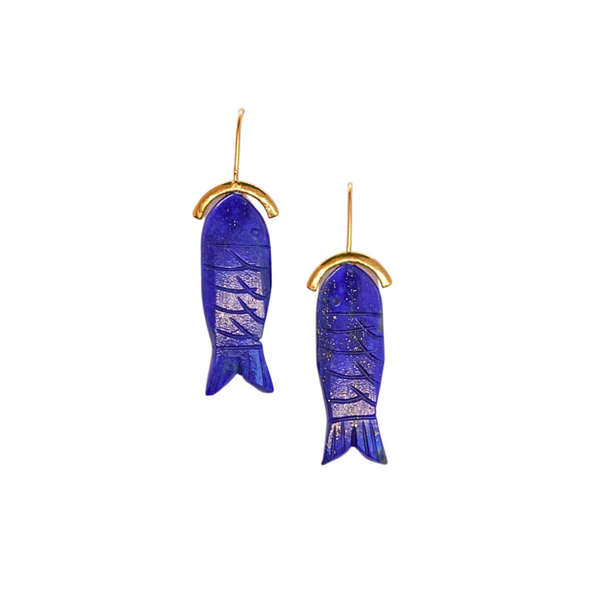 Angler Earrings with Carved Lapis Lazuli Fish