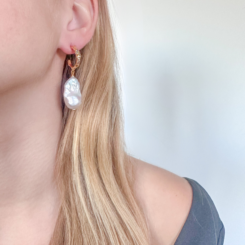 Halcyon Hoop Earrings With Large Baroque Pearls and Cubic Zirconia