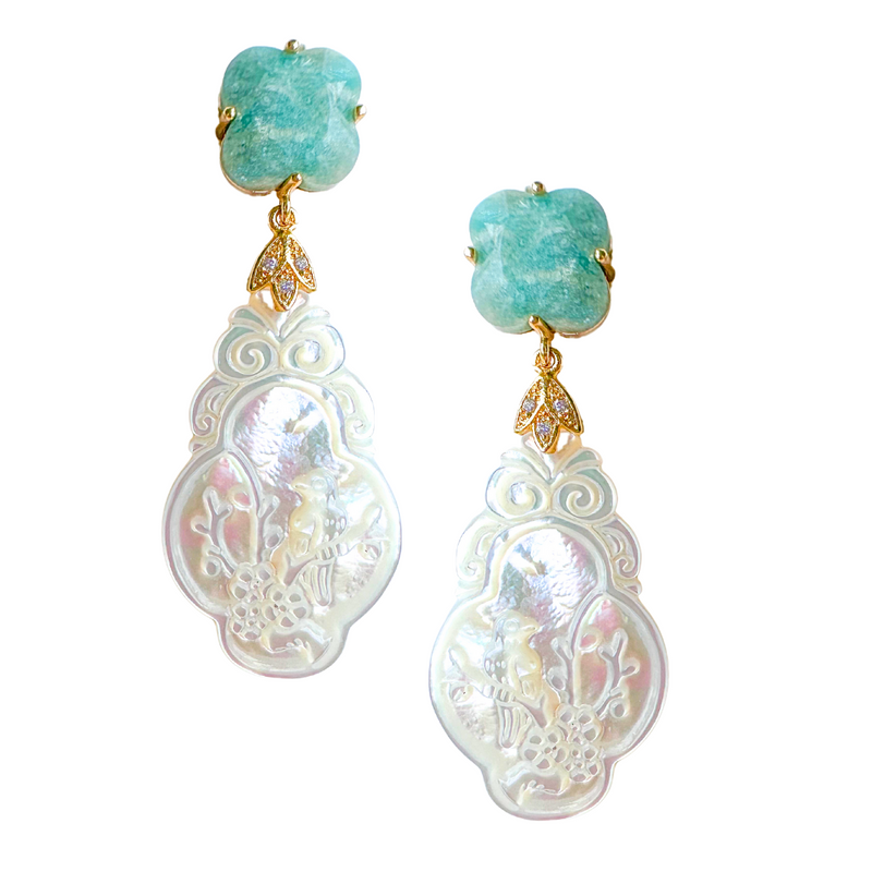 Chinoiserie Carved Mother of Pearl Bird and Amazonite Flower Earrings