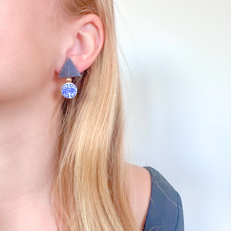 Triple Threat Statement Stud Earrings with Blue Aventurine and Chinoiserie Porcelain