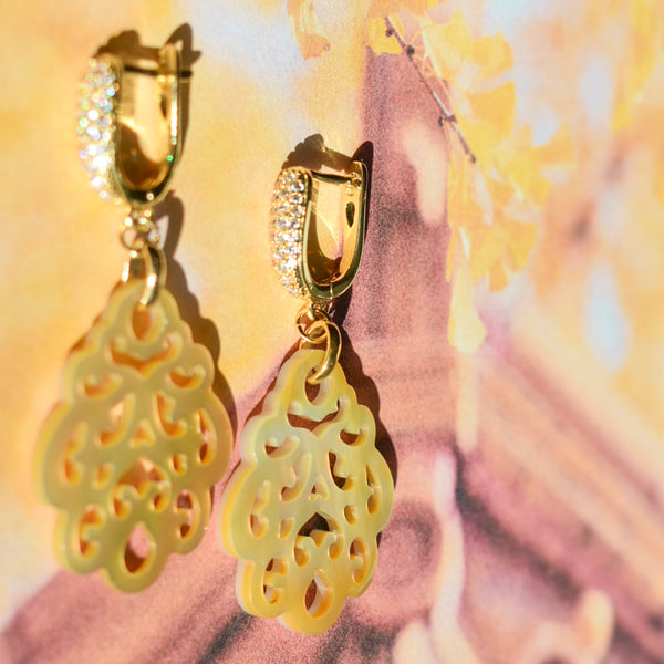 Gold Mother of Pearl Filigree Statement Earrings