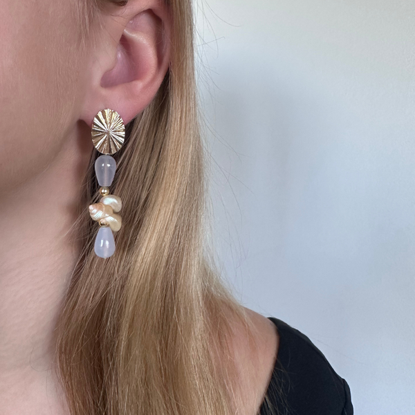 Riviera Statement Earrings with Italian Shells and Lavender Chalcedony