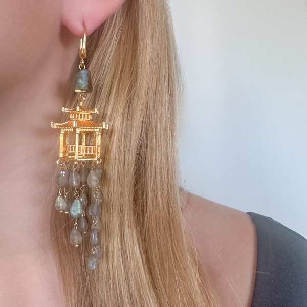 Chinois Chalet Statement Earrings in Labradorite and Gold