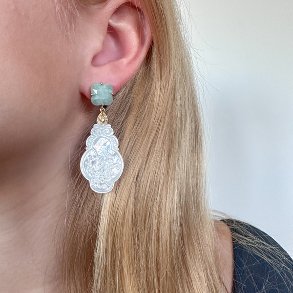 Chinoiserie Carved Mother of Pearl Bird and Amazonite Flower Earrings