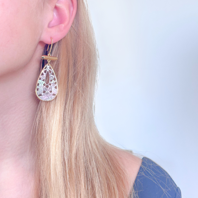 Chinois Blossom Earrings with Carved Mother of Pearl