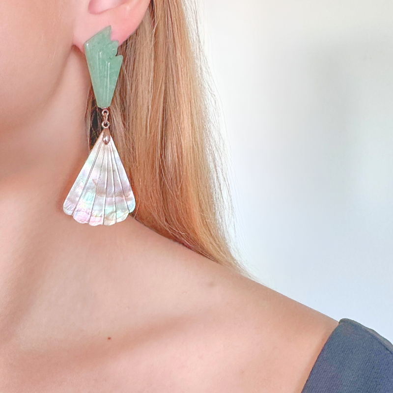 Aventurine and Shell Nice la Belle Statement Earrings