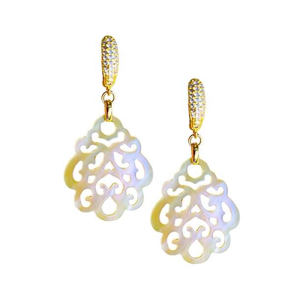 Gold Mother of Pearl Filigree Statement Earrings