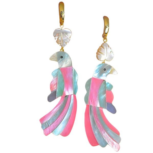 Toucan Statement Earrings in Pink and Green Mother of Pearl Shell Mosaic