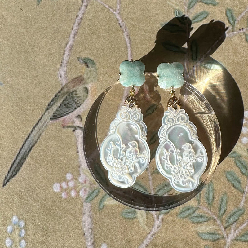 Chinoiserie Carved Mother of Pearl Bird and Amazonite Flower Earrings