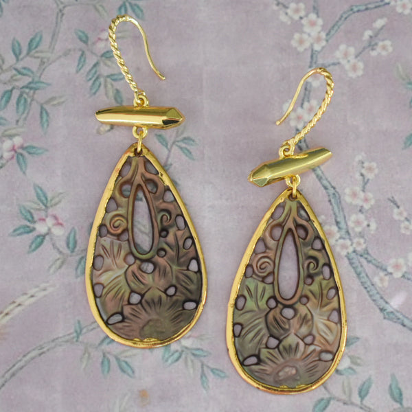 Chinois Blossom Earrings with Carved Mother of Pearl