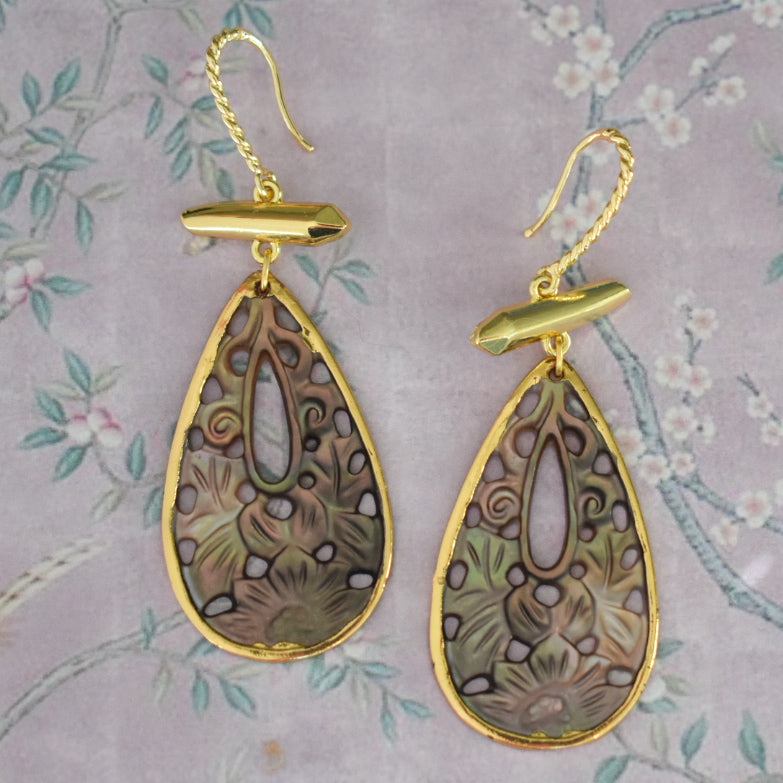 Chinois Blossom Earrings with Carved Mother of Pearl