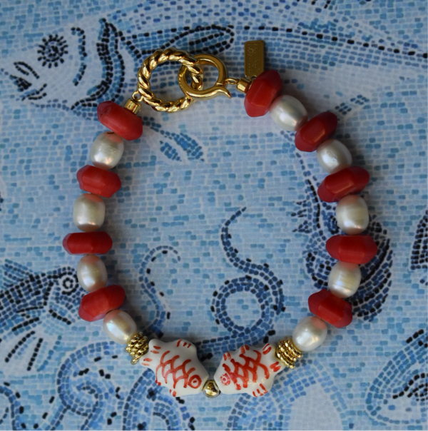 Red Fish Bracelet With Coral and Freshwater Pearls