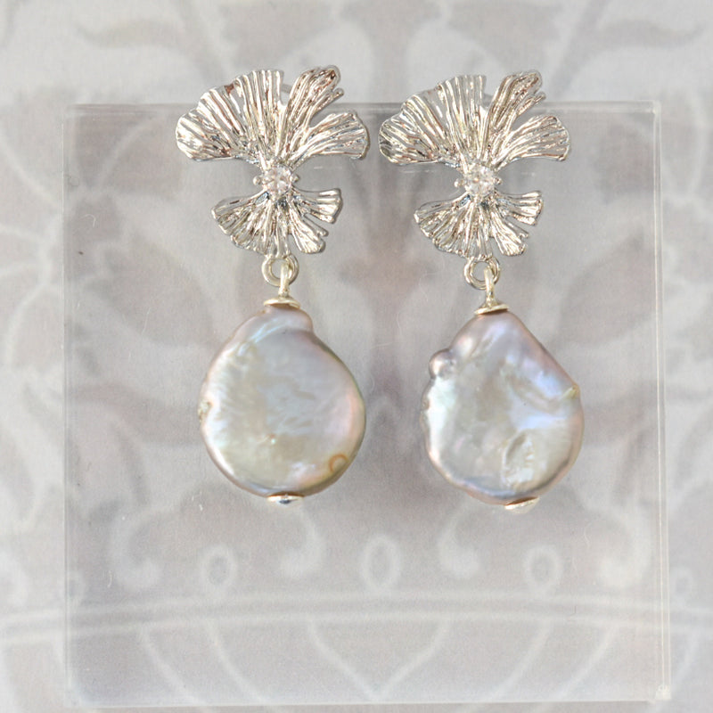 Silver Gingko Studs with Grey Freshwater Coin Pearls