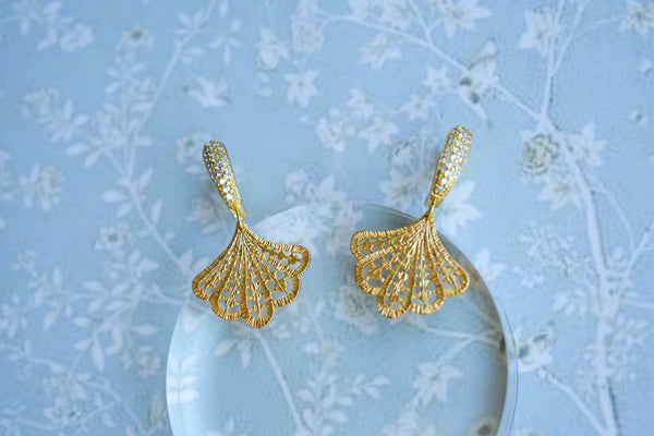 Art Deco Pave and Lace Fan Hoop Earrings