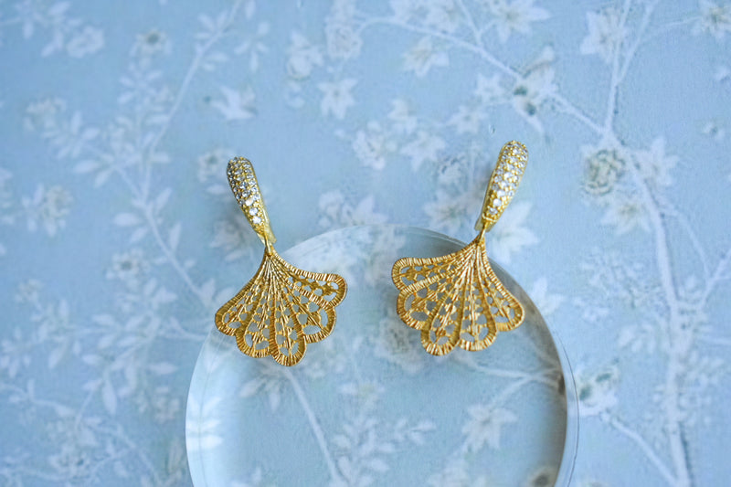 Art Deco Pave and Lace Fan Hoop Earrings